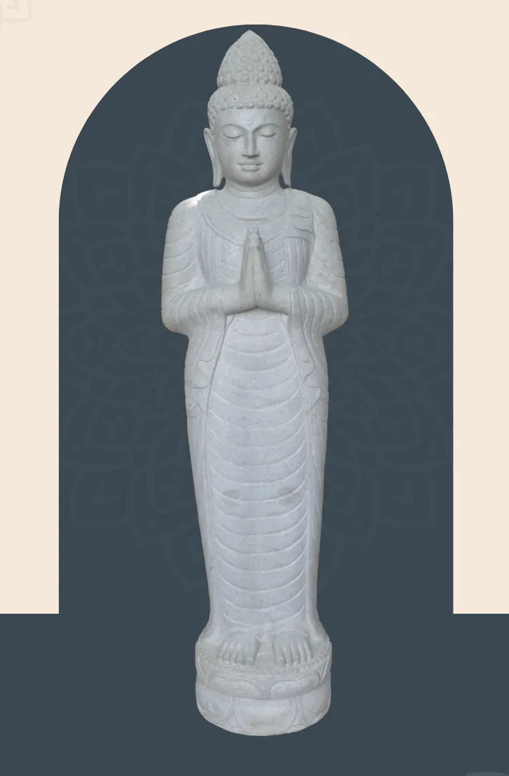  Product image 1 of the product “Standing Buddha made of Riverstone, position Namaskara , H. 185cm. There is a stone eye on the right thight. ”